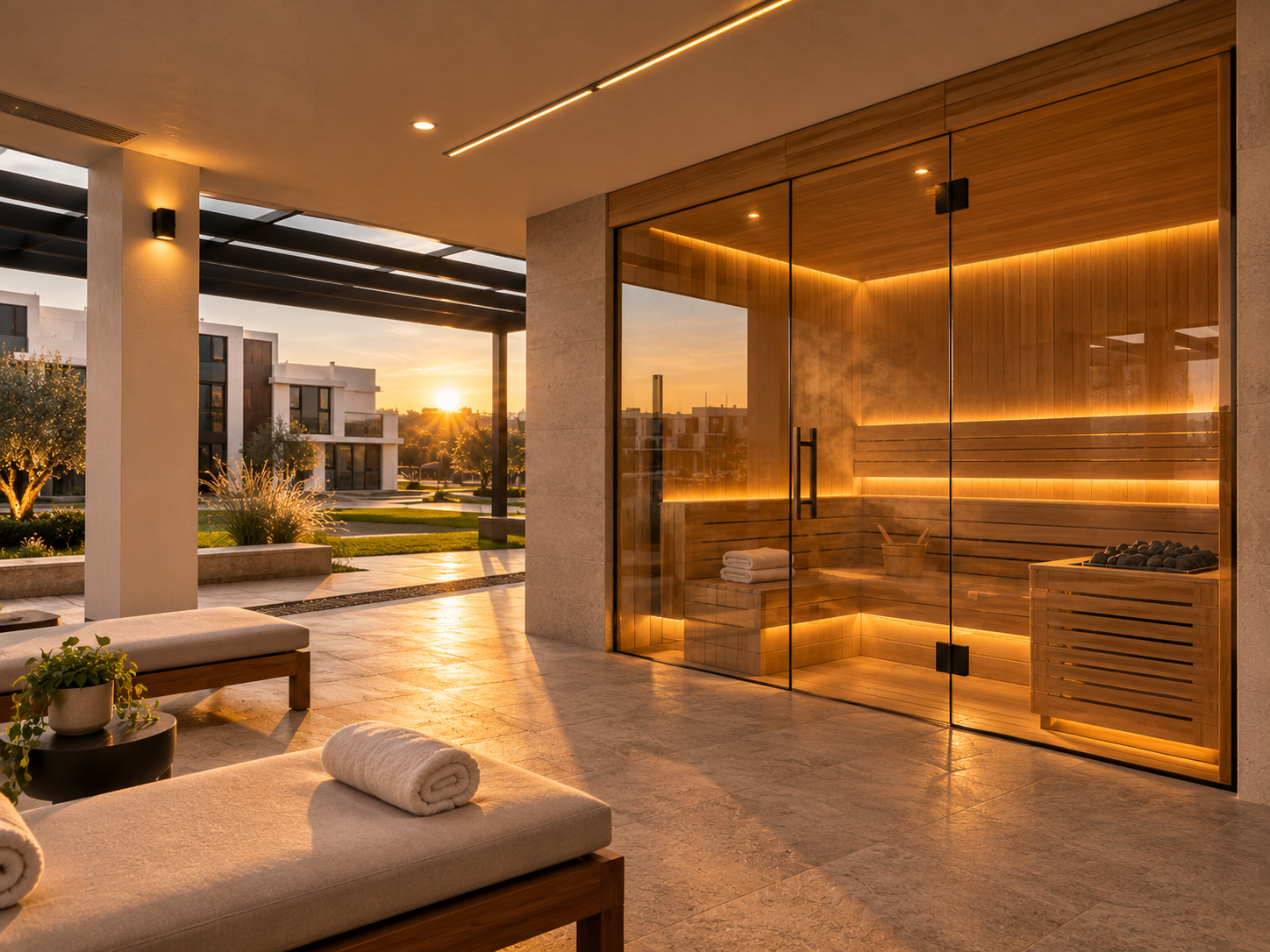 Área de sauna de Prisma Residencial en Cuautlancingo, Puebla.