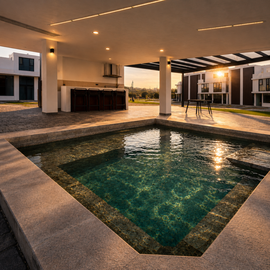 Terraza con parrilla y jacuzzi de Prisma Residencial en Cuautlancingo, Puebla.