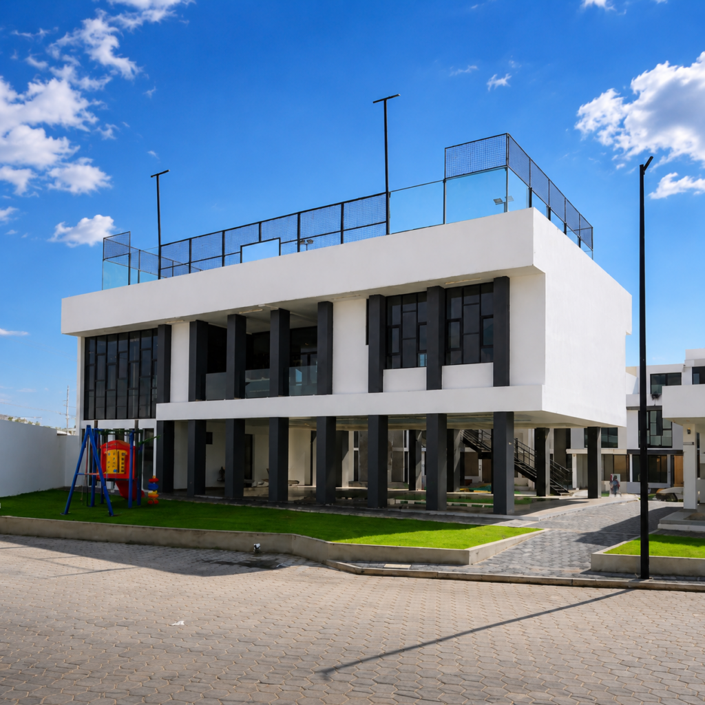 Fachada de la Casa Club de Prisma Residencial en Cuautlancingo, Puebla.